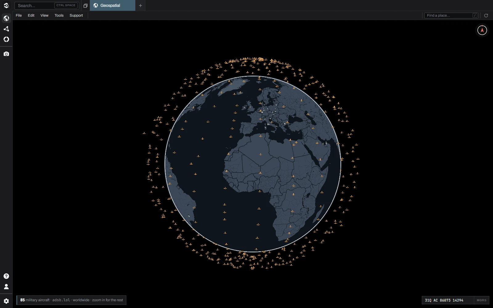 The Alcazar globe with live aircraft and satellites in orbit around it