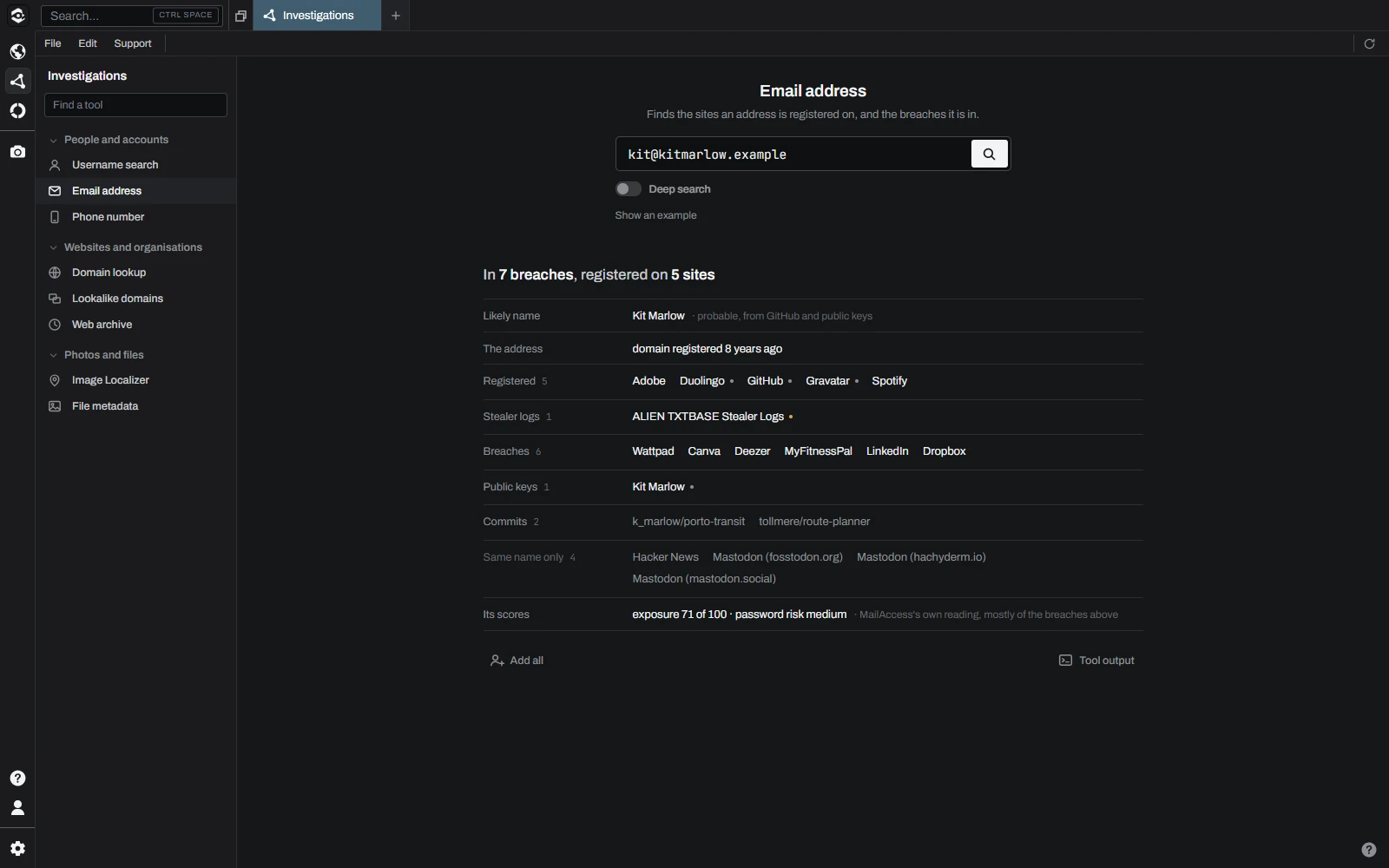 An email address looked up in Alcazar, with its registrations, breaches, stealer logs and likely name